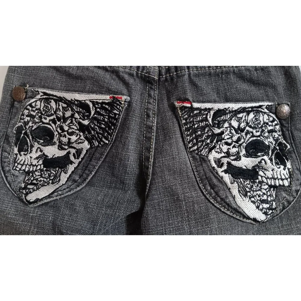 Ecko Unlimited 4 Black Denim Skull Casual Punk Rock Biker Mid Shorts